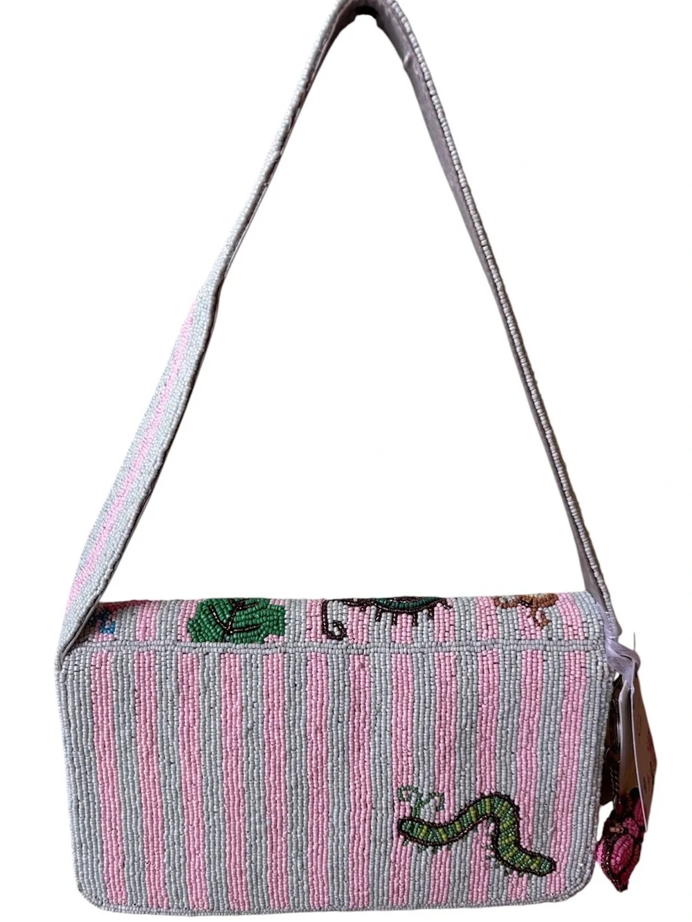 Pink & Mint Green Beaded Garden Insect Motif Shoulder Bag - Picture 2 of 7